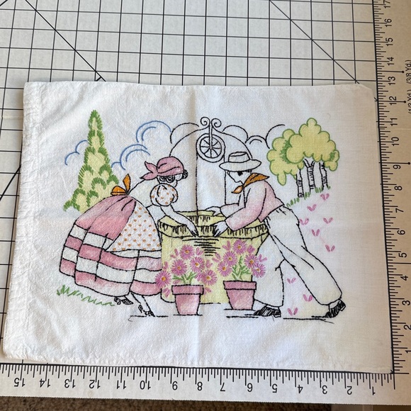 Vintage Hand-Embroidered Pillow & Case– 12' x 16” Farm Couple at the Well Scene - Picture 3 of 14